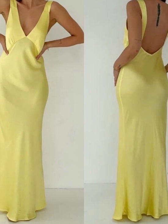 Rumored Dresses & Skirts - Rumored Lemon Yellow Satin Backless Maxi Dress